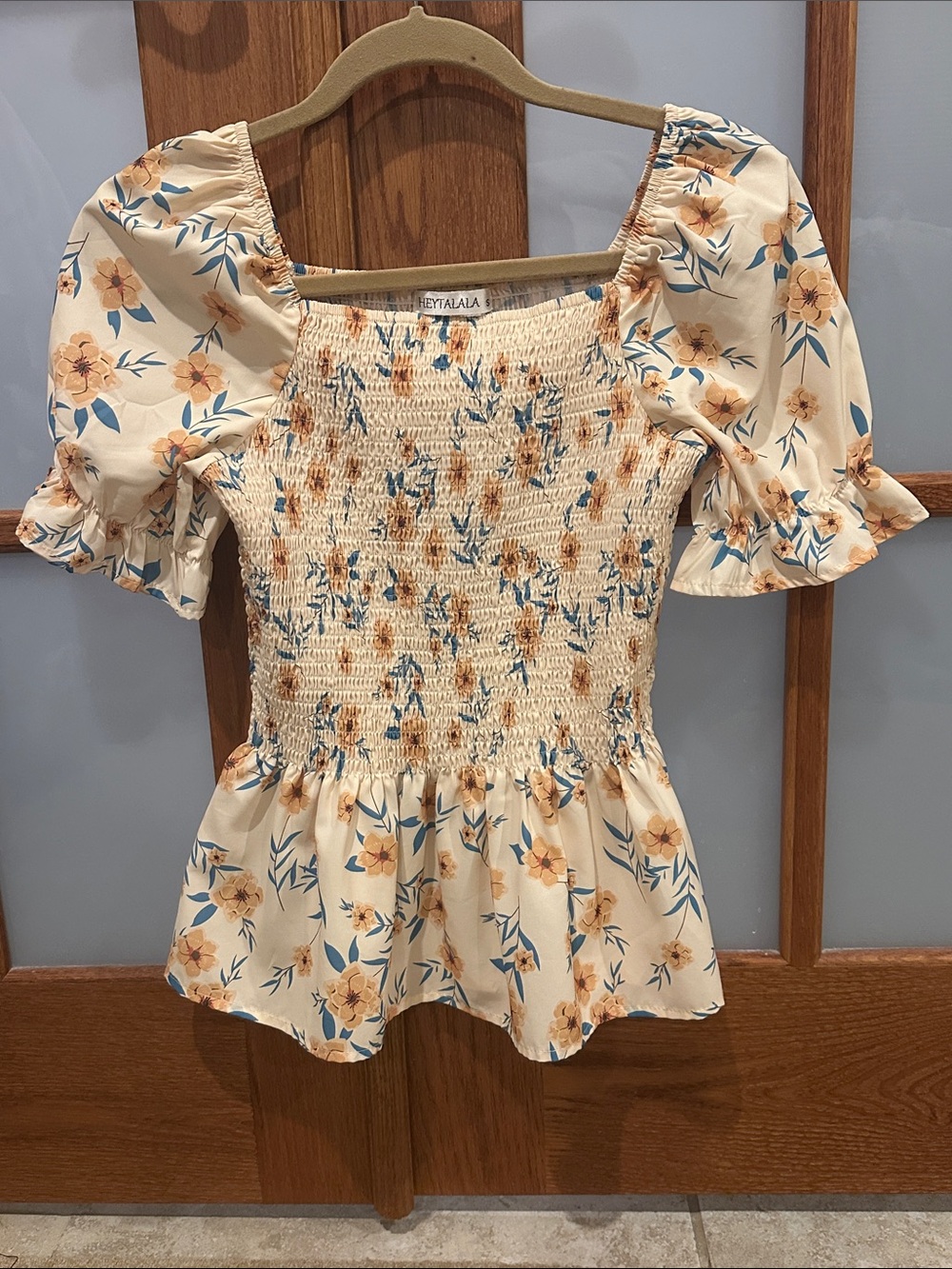Pale Yellow Floral Smocked Peplum Blouse - Blue/Peach